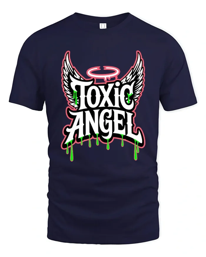 Toxic Angel Graphic Tee With Dripping Street Art Wing Design - navy t-shirt on white background