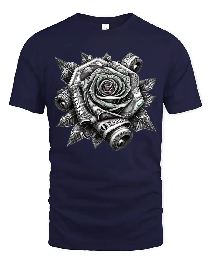 Money Rose Graphic Tee With Cash Flower Luxury Street Art - navy t-shirt on white background