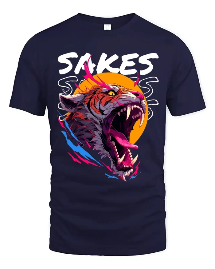 Roaring Tiger Graphic Tee With Bold Neon Street Art Energy - navy t-shirt on white background