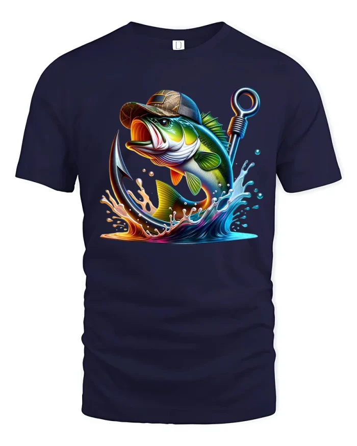 Epic Bass Fishing Graphic Tee With Dynamic Splash Hook Artwork - navy t-shirt on white background