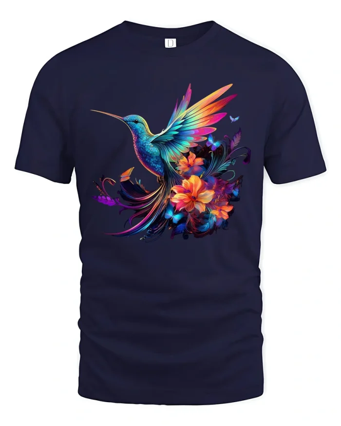 Vibrant Hummingbird Floral Art Graphic Tee With Elegant Nature Style - navy t-shirt on white background