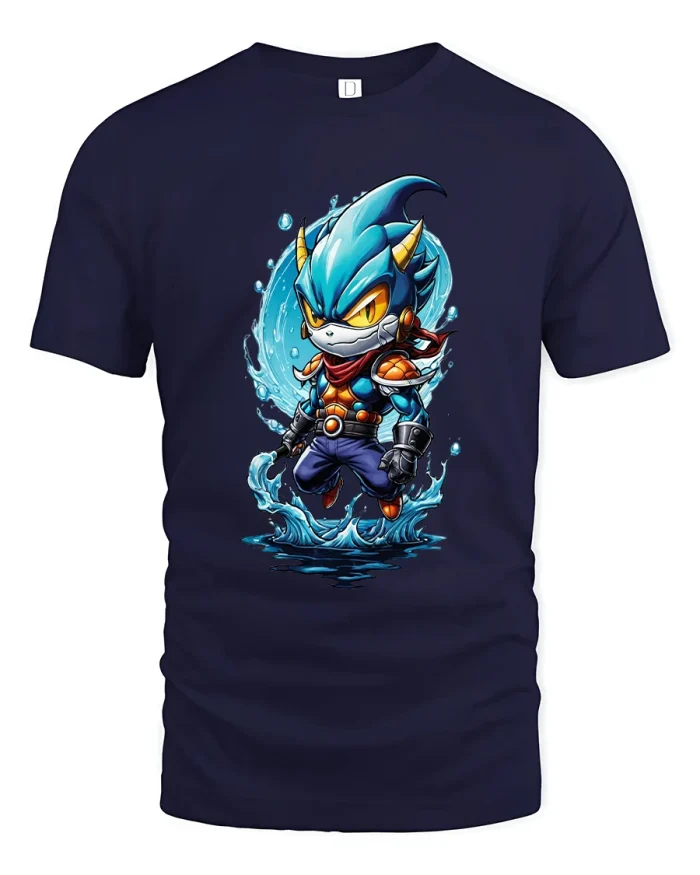 Chibi Water Warrior Anime Style Graphic Tee With Bold Power Art - navy t-shirt on white background