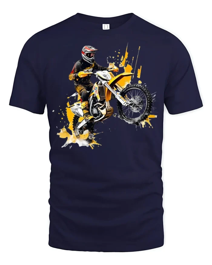 Motocross Dirt Bike Action Graphic Tee With High Speed Energy - navy t-shirt on white background