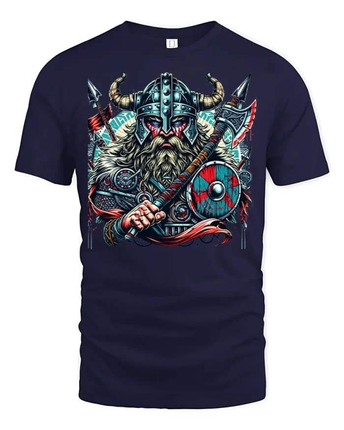Viking Warrior Battle Axe Graphic Tee With Norse Power Art - navy t-shirt on white background