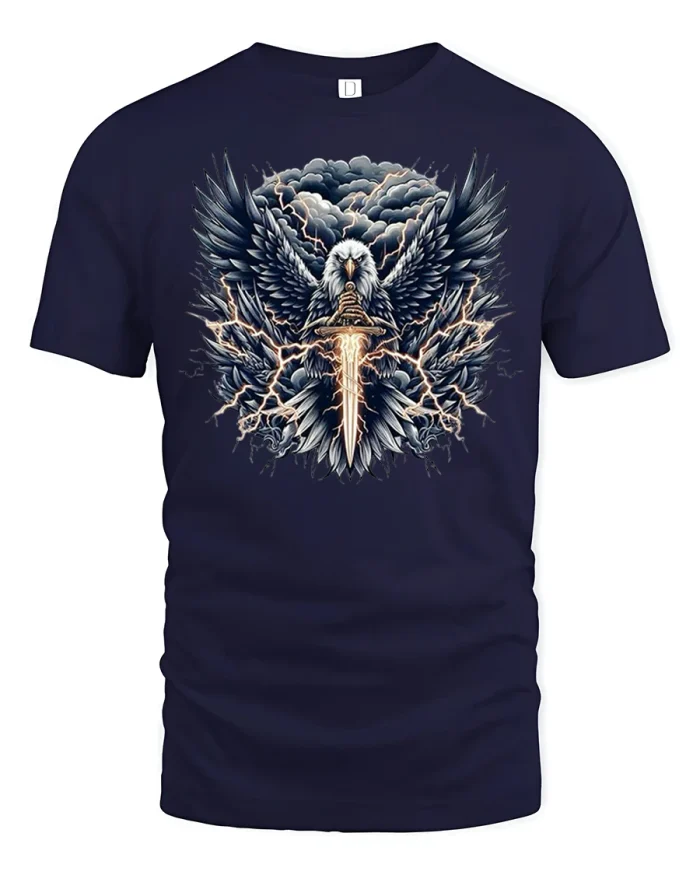 Storm Eagle Sword Power Graphic Tee With Lightning Warrior Art - navy t-shirt on white background