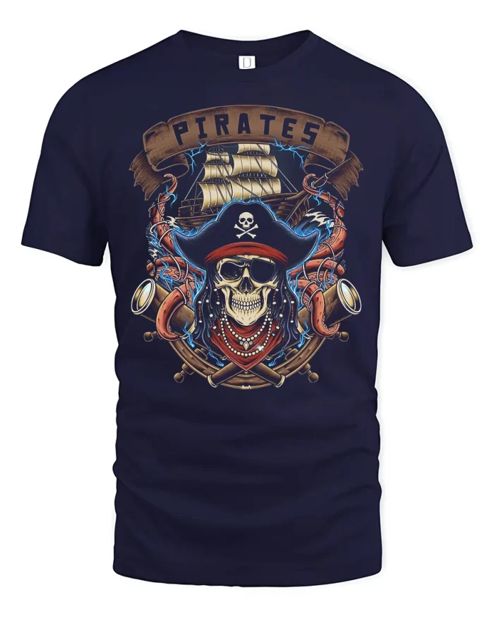 Pirate Skull Ship Graphic Tee With Vintage Nautical Power Art - navy t-shirt on white background