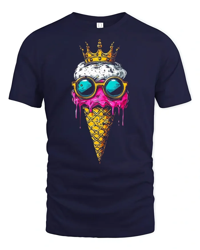 Royal Ice Cream King Graphic Tee With Dripping Street Art Style - navy t-shirt on white background