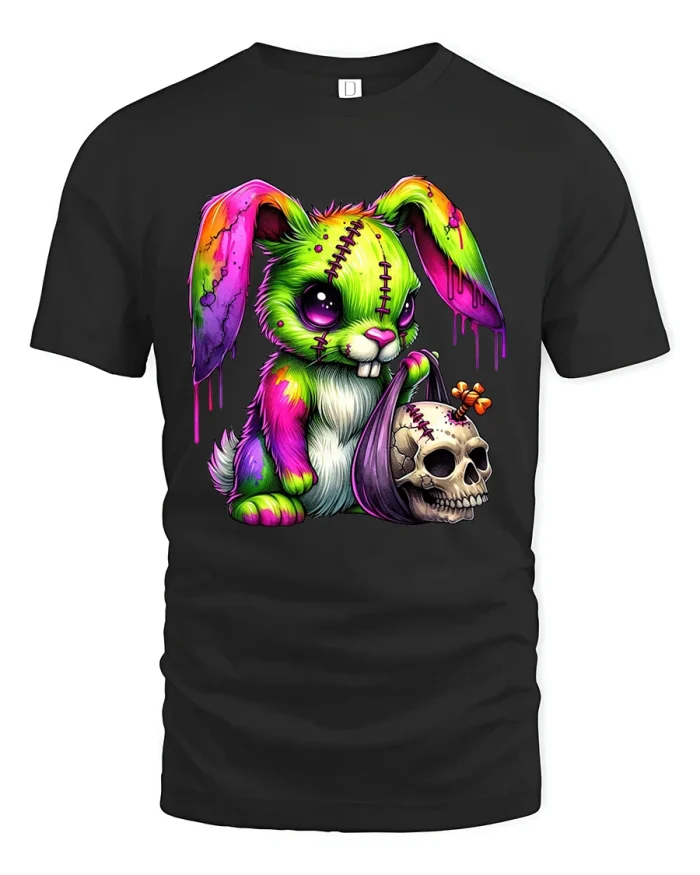 Neon Zombie Bunny with Skull Cute Creepy Art Tshirt Tee - black t-shirt on white background