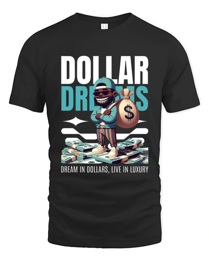 Dollar Dreams Money Hustle Cartoon Art Graphic Tshirt Tee - black t-shirt on white background
