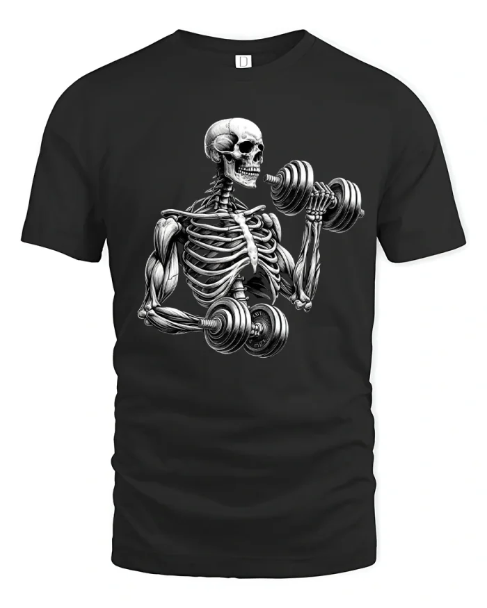 Skeleton Weightlifting Fitness Art Strong Motivation Graphic Tshirt Tee - black t-shirt on white background