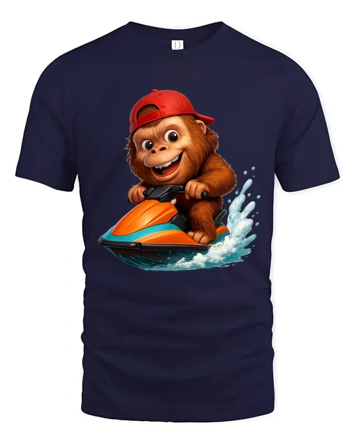Funny Monkey Riding Jet Ski Cartoon Adventure Graphic Tshirt Tee - navy t-shirt on white background
