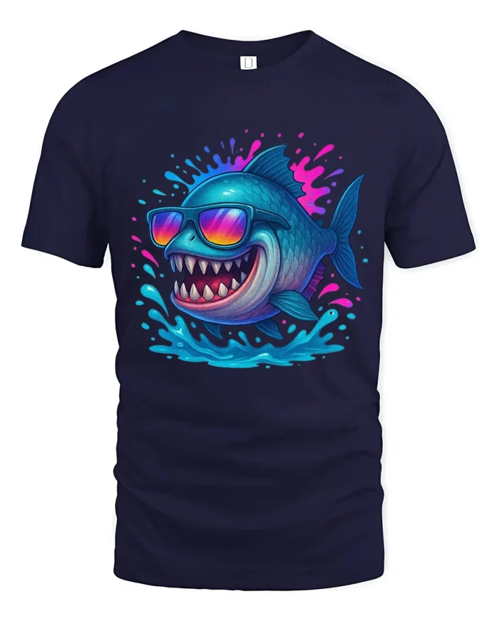 Cool Shark Wearing Sunglasses Splash Art Graphic Tshirt Tee - navy t-shirt on white background