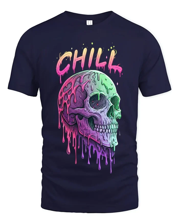 Chill Melting Skull Neon Drip Art Graphic Tshirt Tee - navy t-shirt on white background