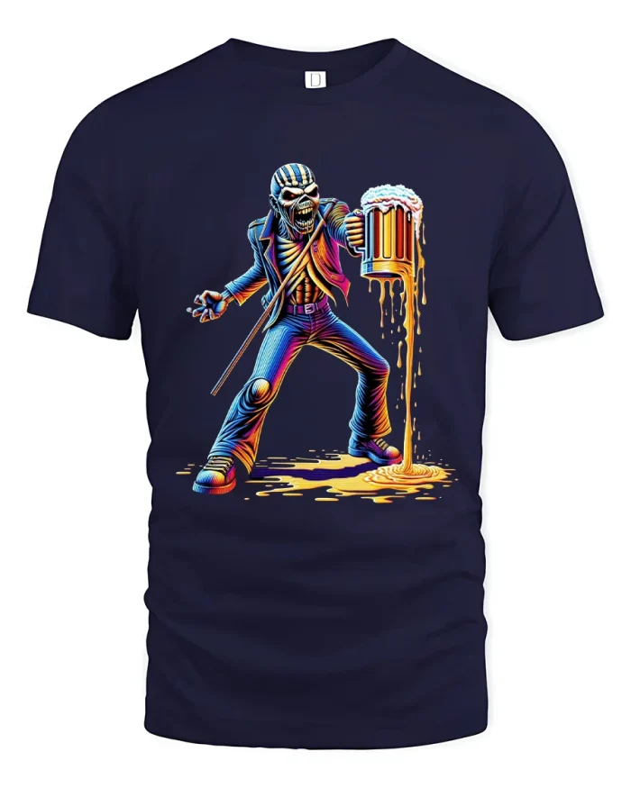 Crazy Zombie Beer Drinker Heavy Metal Party Graphic Tshirt Tee - navy t-shirt on white background