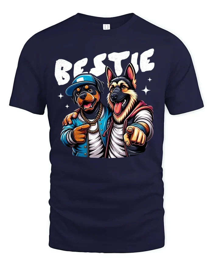 Bestie Dogs Best Friends Street Style Cartoon Graphic Tshirt Tee - navy t-shirt on white background