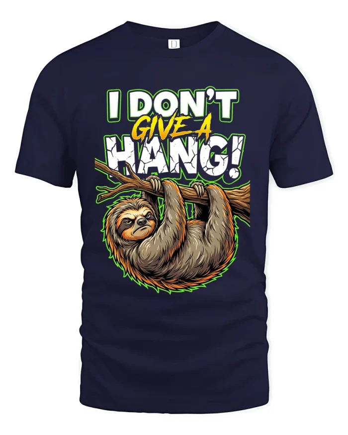 I Dont Give A Hang Funny Sloth Attitude Graphic Tshirt Tee - navy t-shirt on white background
