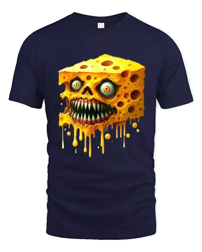 Creepy Cheese Skull Melting Monster Horror Art Graphic Tshirt Tee - navy t-shirt on white background