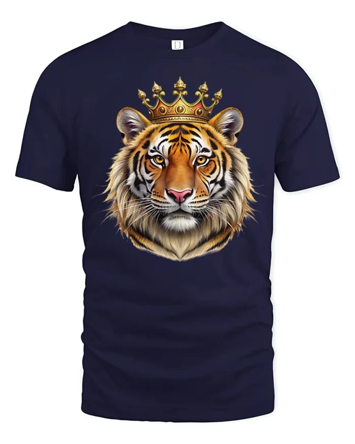 Royal Tiger King Crown Majestic Power Animal Graphic Tshirt Tee - navy t-shirt on white background