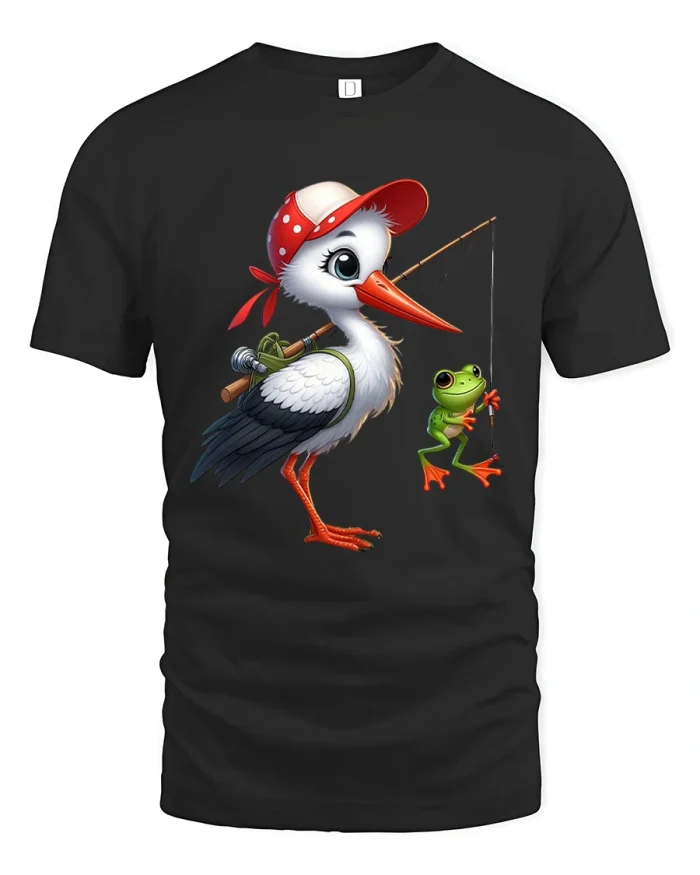 Funny Stork Fishing Frog Cute Cartoon Animal Graphic Tshirt Tee - black t-shirt on white background