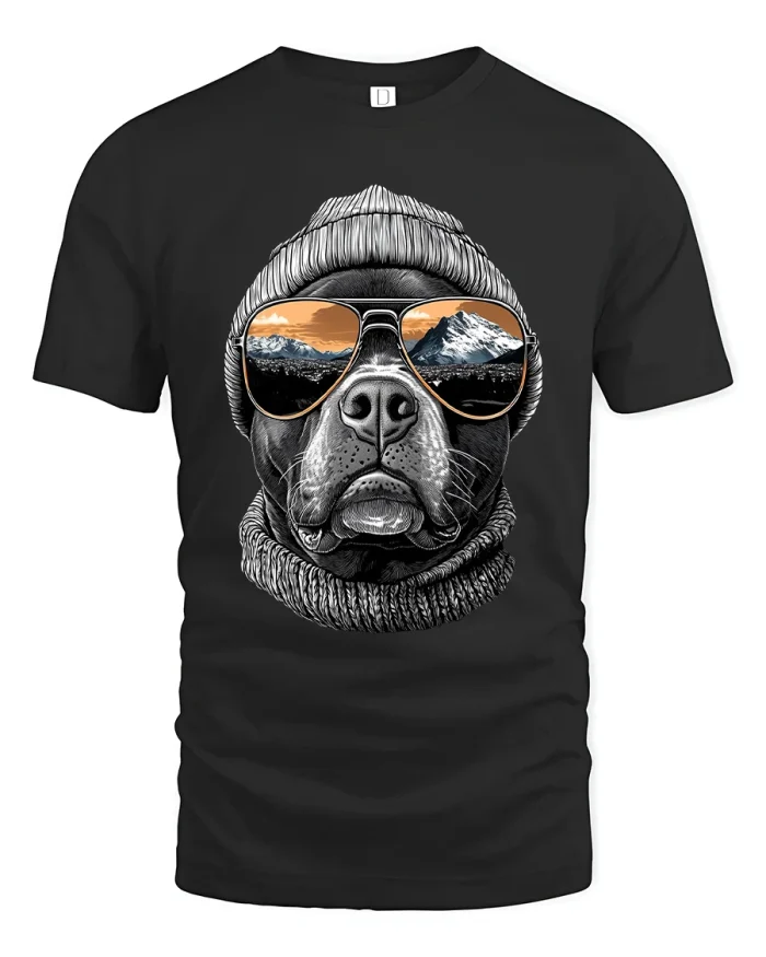 Cool Dog Beanie Sunglasses Mountain View Graphic Tshirt Tee - black t-shirt on white background
