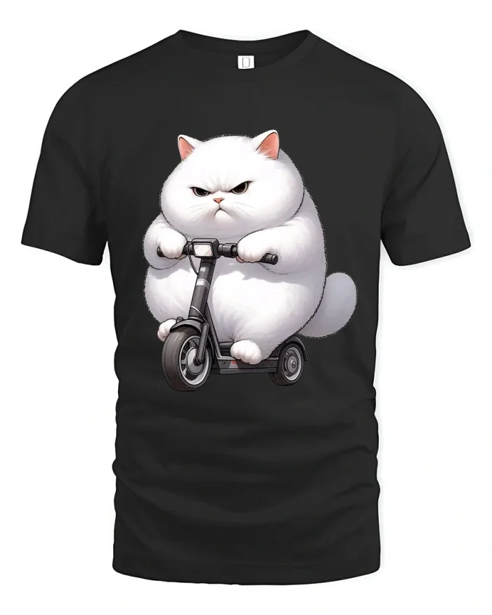 Angry Fluffy Cat Riding Scooter Funny Graphic Tshirt Tee - black t-shirt on white background