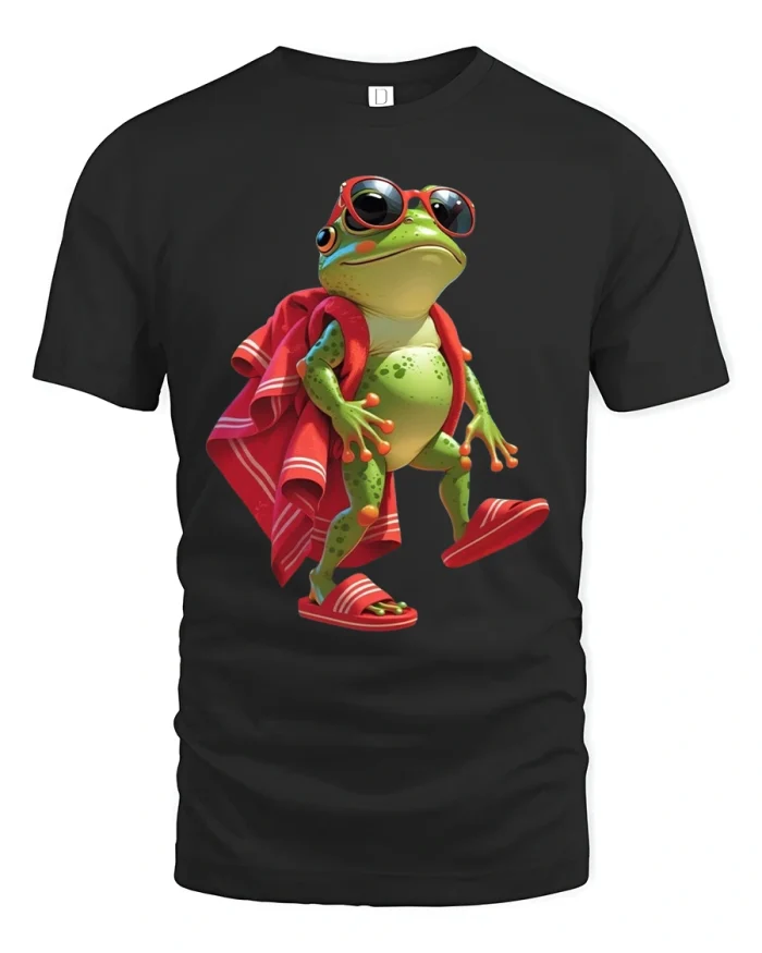 Cool Frog Sunglasses Summer Vacation Funny Graphic Tshirt Tee - black t-shirt on white background