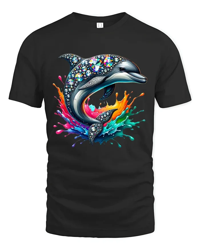 Colorful Crystal Dolphin Splash Art Ocean Graphic Tshirt Tee - black t-shirt on white background