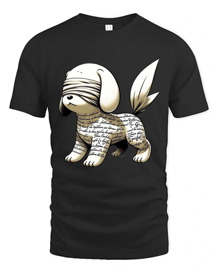 Artistic Blindfold Puppy Typography Style Graphic Tshirt Tee - black t-shirt on white background
