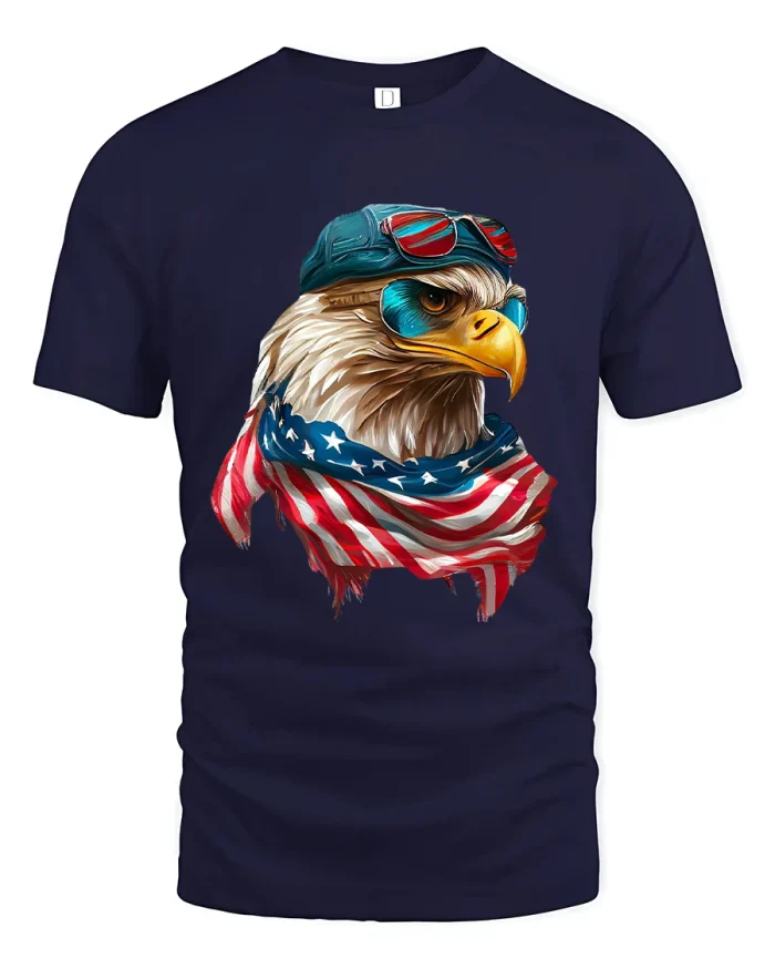 Patriotic Eagle Aviator American Flag Art Illustration Tshirt Tee - navy t-shirt on white background