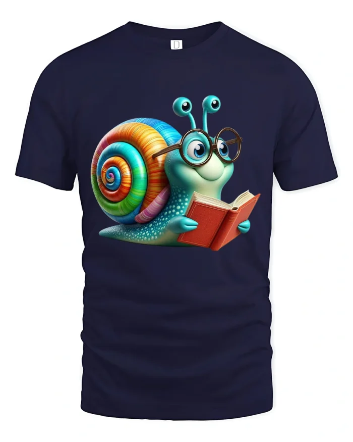 Cute Reading Snail With Glasses Colorful Book Lover Tshirt Tee - navy t-shirt on white background