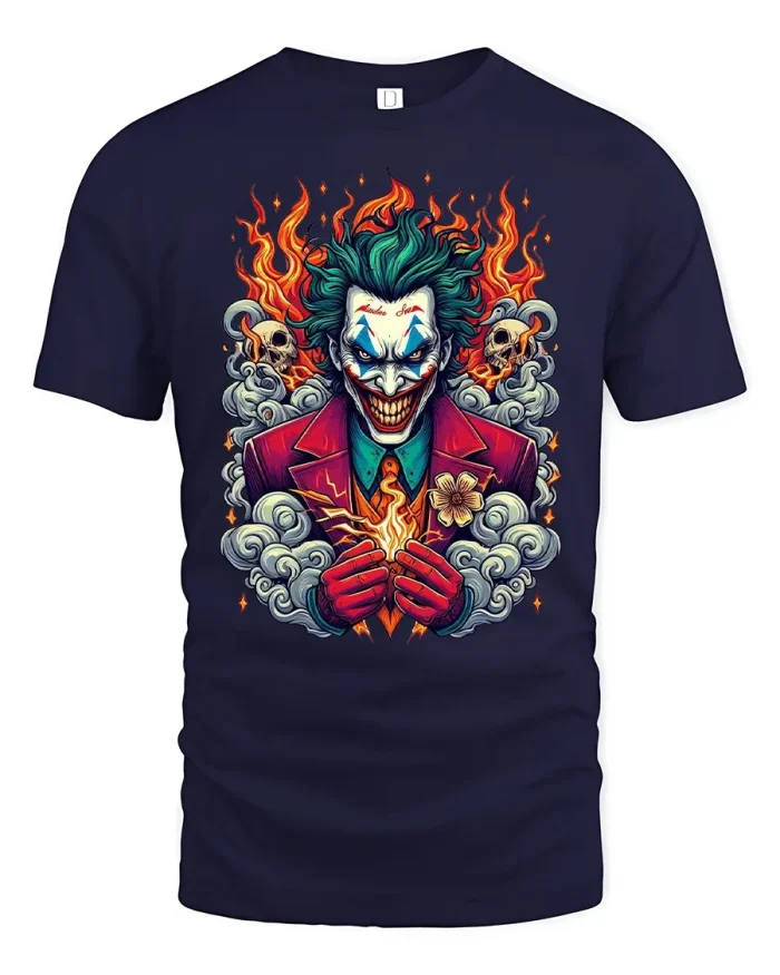 Dark Joker Fire Clown Art Illustration Intense Graphic Tshirt Tee - navy t-shirt on white background