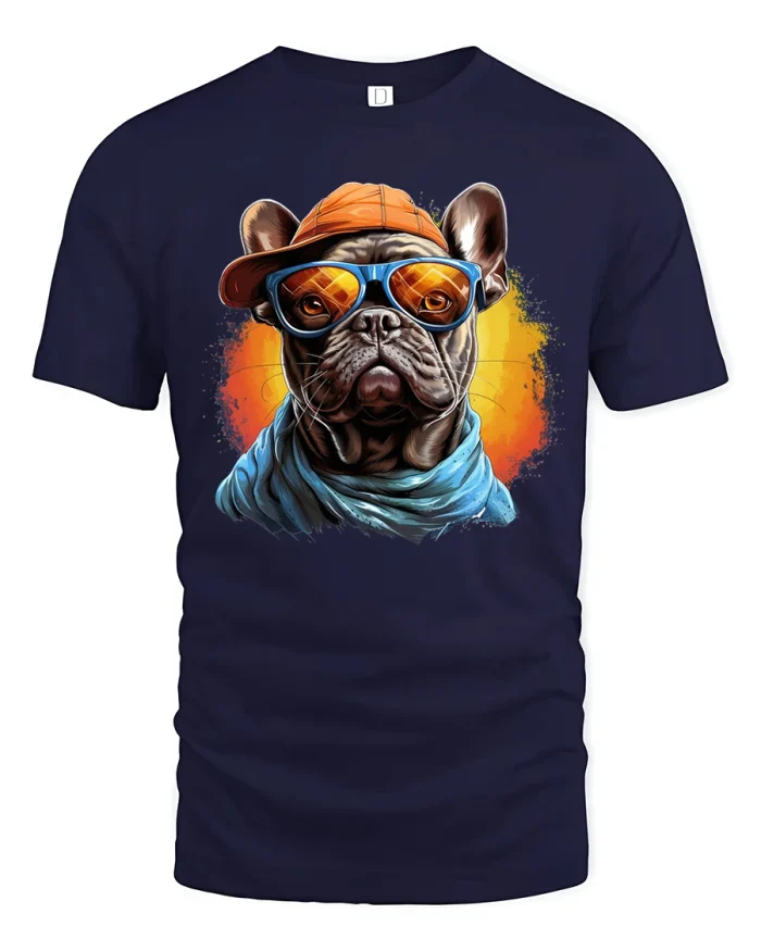 Cool French Bulldog Sunglasses Street Style Art Graphic Tshirt Tee - navy t-shirt on white background