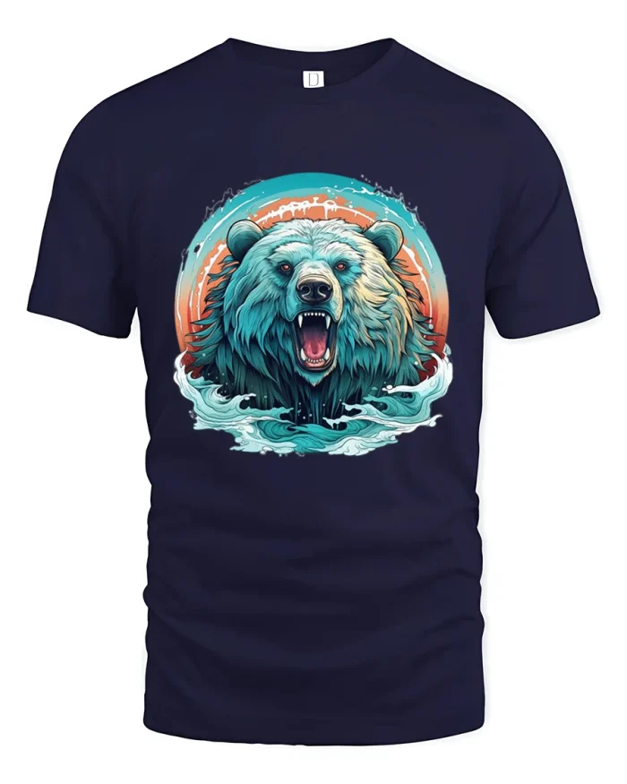Roaring Wild Bear Power Art Graphic Tshirt Tee Design - navy t-shirt on white background