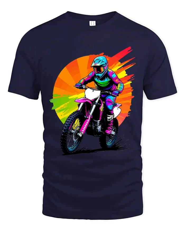 Neon Motocross Rider Action Graphic Tshirt Tee Design - navy t-shirt on white background