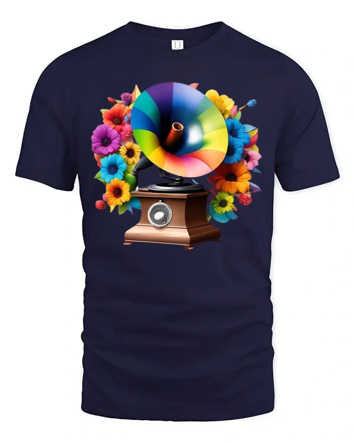 Colorful Vintage Gramophone Floral Art Graphic Tshirt Tee - navy t-shirt on white background