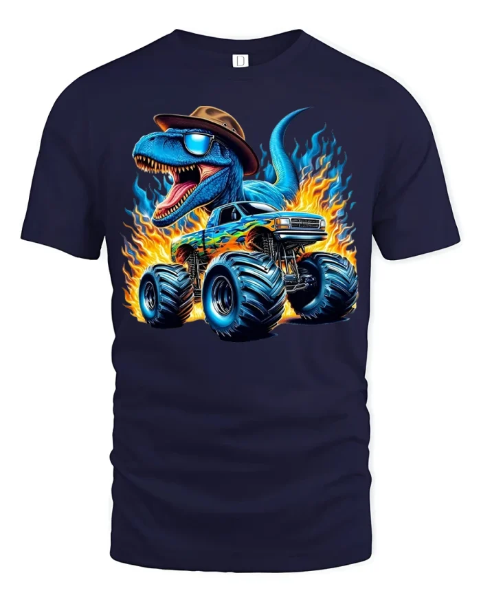 Fire Breathing T Rex Monster Truck Graphic Tshirt Tee - navy t-shirt on white background