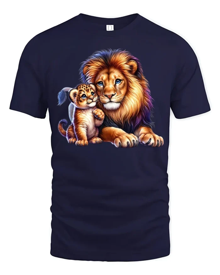 Majestic Lion and Cub Bond Love Art Graphic Tshirt Tee - navy t-shirt on white background