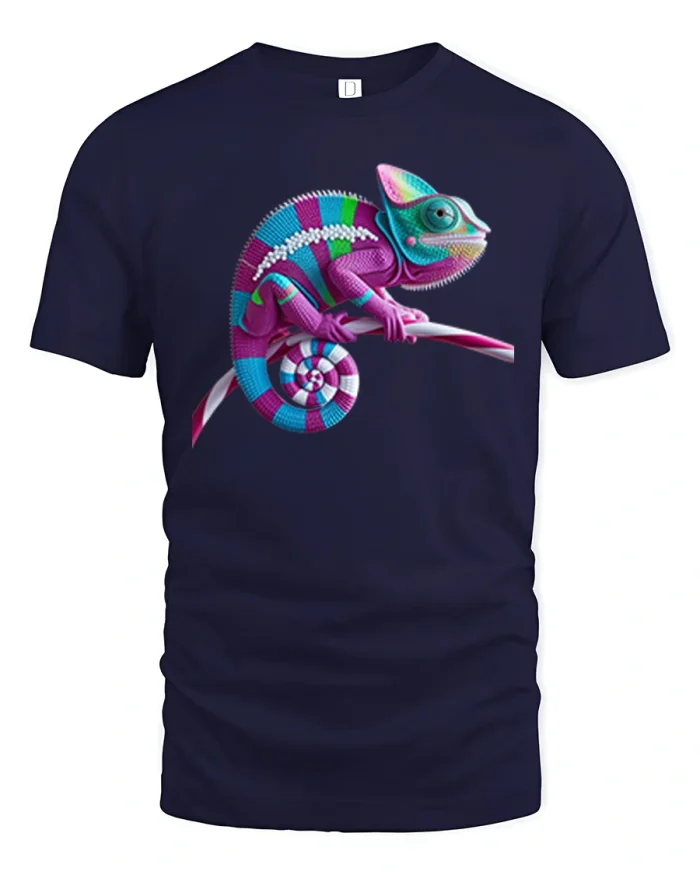 Colorful Candy Chameleon Art Graphic Tshirt Tee With Vibrant Style - navy t-shirt on white background