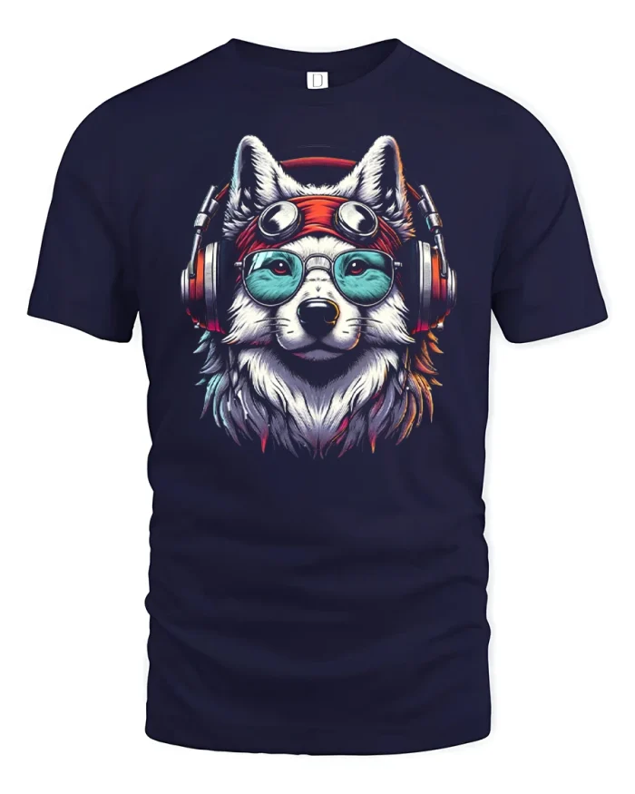 Cool DJ Wolf Headphones Graphic Tshirt Tee With Street Art Style - navy t-shirt on white background