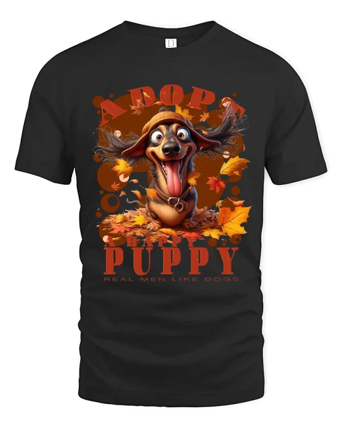 Adopt a Happy Puppy Tee Funny Dog Autumn Graphic Tshirt - black t-shirt on white background