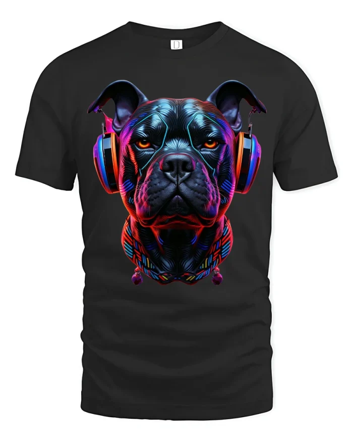Neon DJ Dog Headphones Tee Cool Street Art Graphic T Shirt - black t-shirt on white background