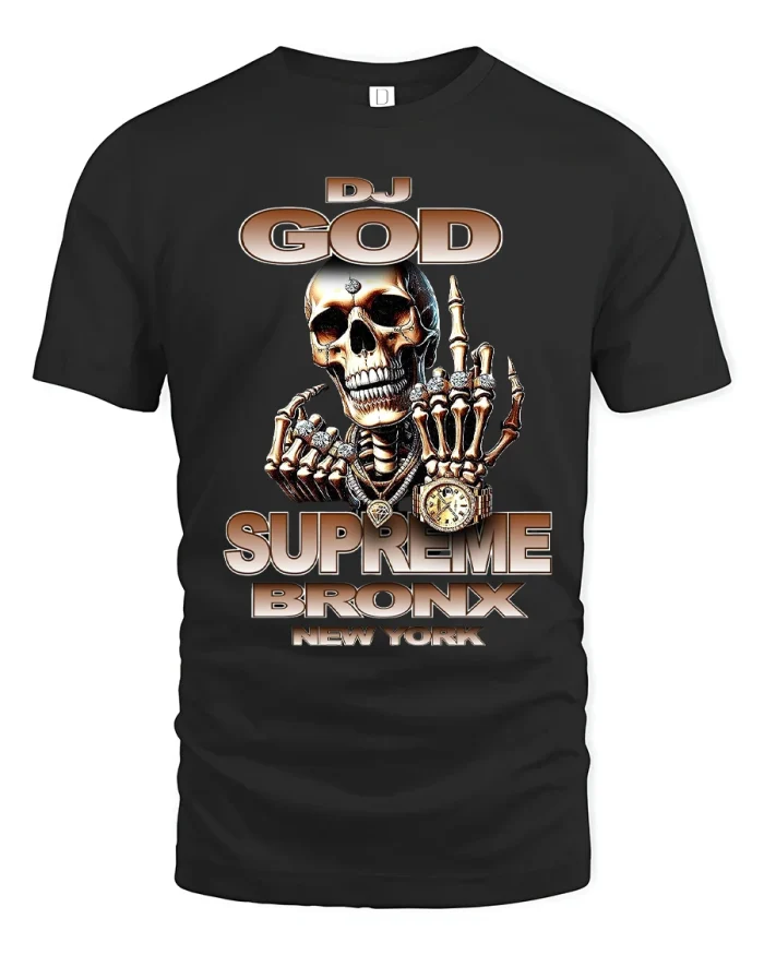 DJ God Supreme Bronx Tee Skeleton Hip Hop Graphic T Shirt - black t-shirt on white background