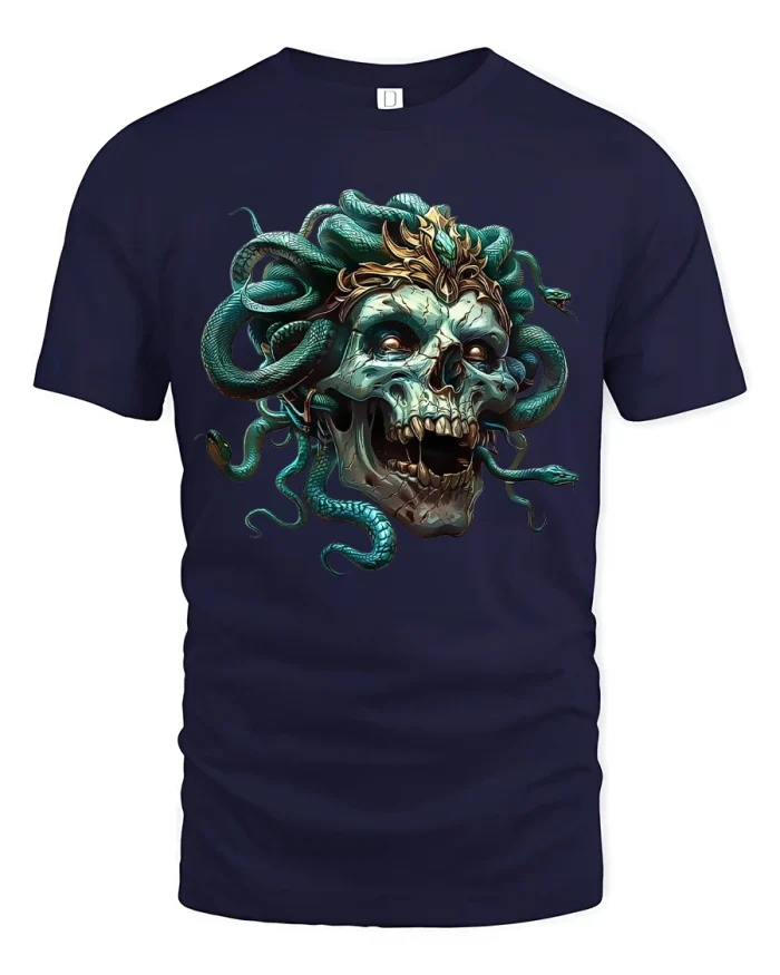 Dark Medusa Skull Serpent Art Tee Gothic Myth Style Tshirt - navy t-shirt on white background