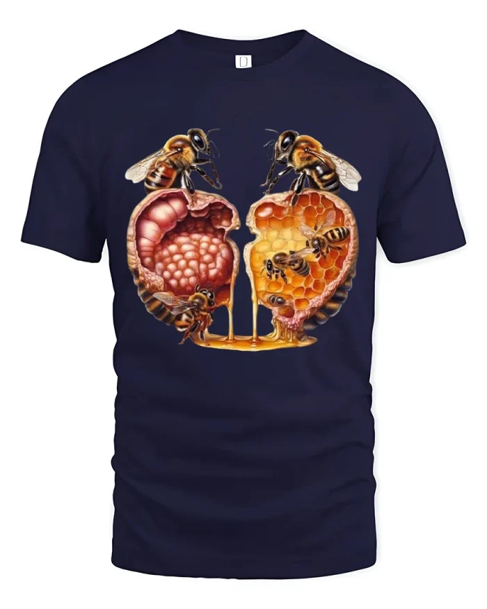 Bee Honey Heart Art Tee Nature Inspired Sweet Graphic Tshirt - navy t-shirt on white background