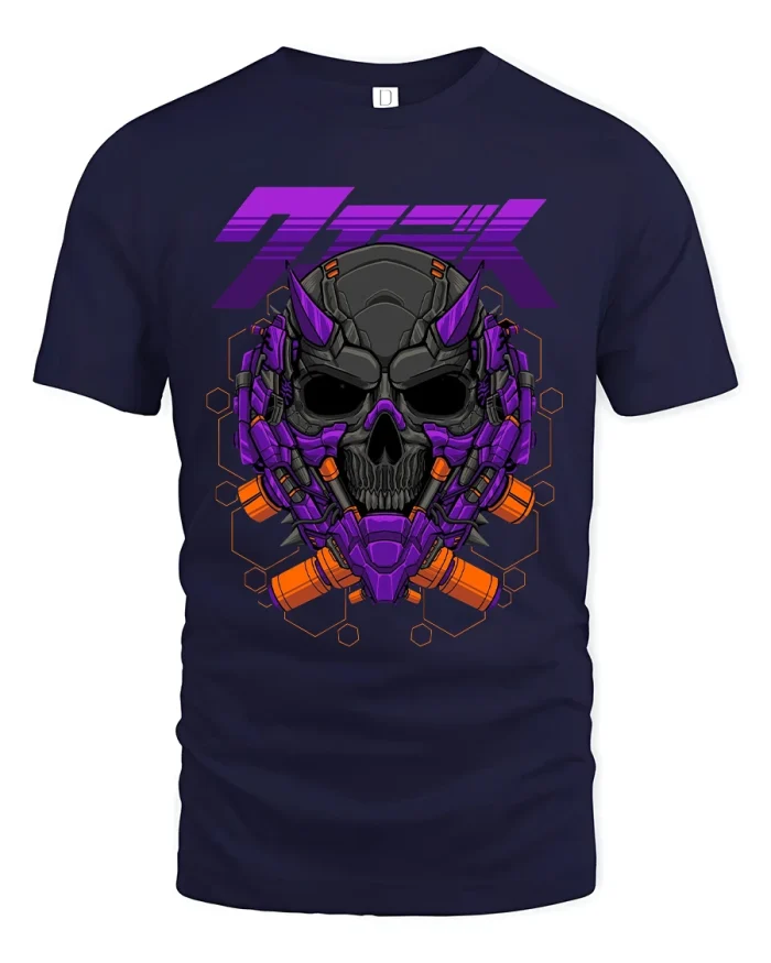 Cyberpunk Skull Tech Armor Graphic Tee Futuristic Tshirt - navy t-shirt on white background