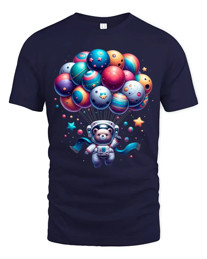 Cute Astronaut Bear Space Balloons Graphic Tee Cosmic Tshirt - navy t-shirt on white background