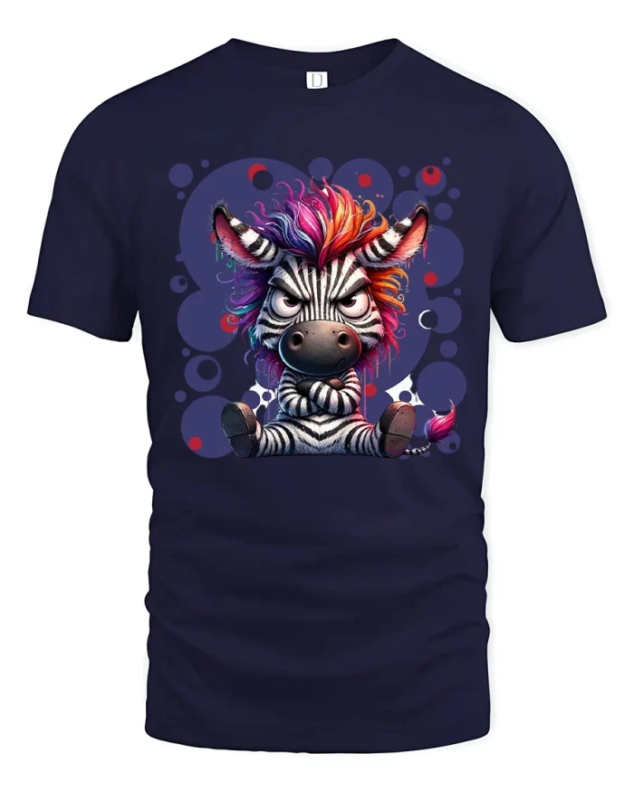Grumpy Cute Zebra Punk Rainbow Hair Cartoon Art Tee Tshirt - navy t-shirt on white background