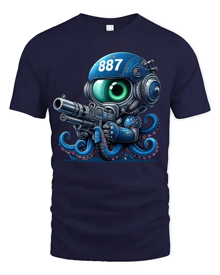 Cute Cyberpunk Octopus Robot Soldier Sci Fi Art Tee Tshirt - navy t-shirt on white background