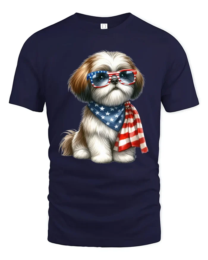 Patriotic Cute Dog With American Glasses Graphic Tee Tshirt - navy t-shirt on white background