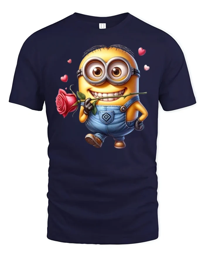 Cute Yellow Cartoon Love Rose Graphic Tee Tshirt - navy t-shirt on white background